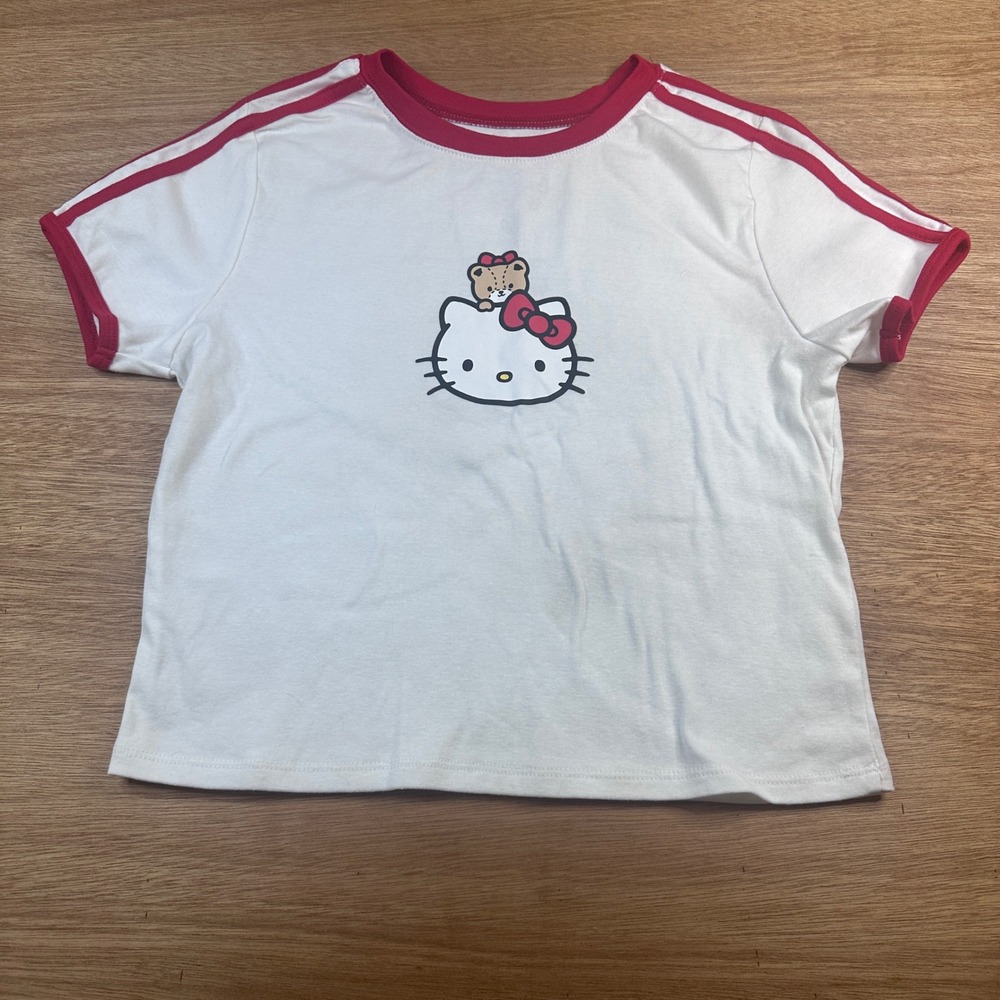 Hello Kitty Sanrio Women's Medium White Red Ringer Graphic T Shirt Tee Cute